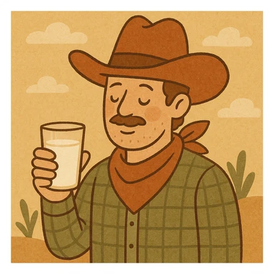 a cowboy holding a glass of milk, western theme, warm colors, detailed illustration sticker
