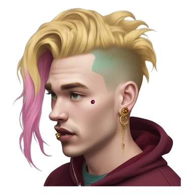 Vintage grunge patina intricate swirls golden sparkle Deep pink maroon burgundy cyan dark hoodie man dyed hair and gold piercings nose piercing ear piercings ice cream  sticker
