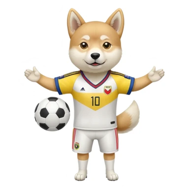 White Shibu Inu wearing a Colombian soccer jersey sticker