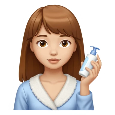 a girl with light skin and medium brown long hair with bangs who is applying lotion to her body sticker