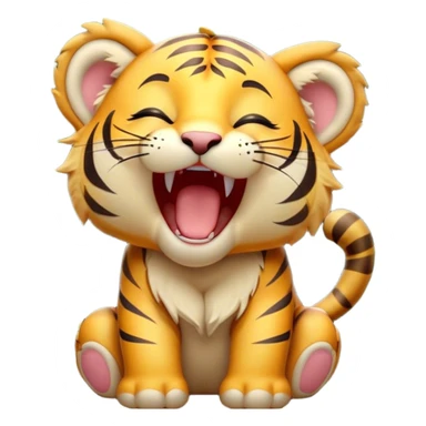 Cinematic Cute Yawning Tiger Cub Portrait Emoji, Head tilted slightly with a dramatic, wide-open yawn, showcasing a small, plush body with drowsy, half-closed eyes and an open, relaxed expression, Simplified yet irresistibly adorable features, highly detailed, glowing with a soft, cozy wild glow, high shine, relaxed yet expressive, stylized with a dash of whimsical jungle charm, soft glowing outline, capturing the essence of a drowsy yet affectionate tiger cub that appears ready to stretch out for a nap! sticker