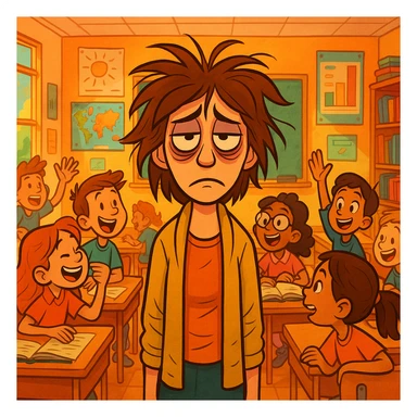 digital cartoon art of a exhausted teacher in a bustling classroom sticker