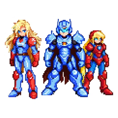 Megaman X in blue armor, Zero with long blonde hair and red armor, and Sigma with a scar, as friends posing together sticker