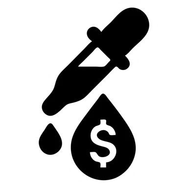 solid icon of a pipette at the top of a golden drop with a dollar sign inside the drop sticker