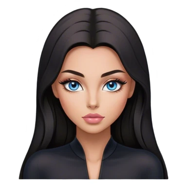 Glamours make-up, tanned, beautiful, girl, with blue eyes, big pump peach-beige-rose lips, eyeliner, long lashes, black straight smooth silky long hair, parting hair in the middle,  in black v-neck bodysuit long sleeves sticker