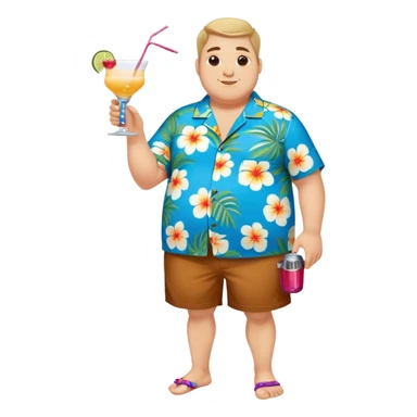 chubby guy full figure in a flowered azure havai shirt, brown shorts and flippers holding a cocktail sticker