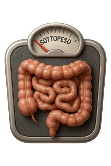 bilancia pesapersone con la scritta "SOTTOPESO" SUL DISPLAY, INTESTINO UMANO SULLA BILANCIA, stile emoji iphone, iperrealistico 4k sticker