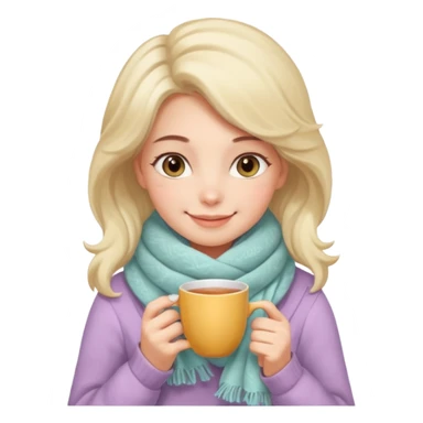 A warm-looking woman with a fluffy pastel scarf, smiling softly while holding a cup of tea. sticker