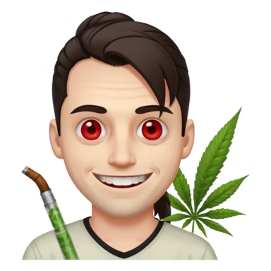 A white man with dark brown hair in a ponytail, oversized bloodshot eyes, grinning, weed smoker  sticker