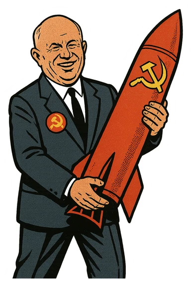 a full body of Soviet leader Nikita Khrushchev who is smiling and wearing a suit with a large communist badge. He is holding a soviet nuclear missile sticker