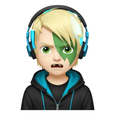 boy vampire whit blonde emo hair and eyes blue and GREEN SKIN and heandphones black AND A MICROFONE AND GOLD TEETH and agesive face and the hoodie black  sticker