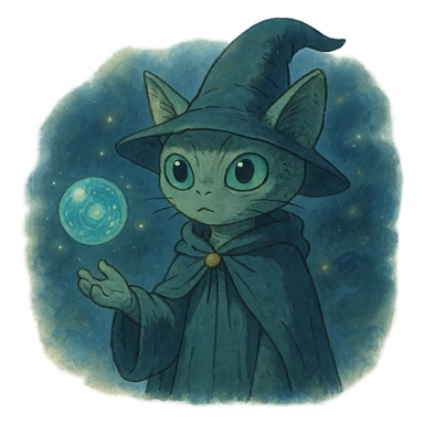 alien cat wizard with a floating orb in a mystical atmosphere sticker