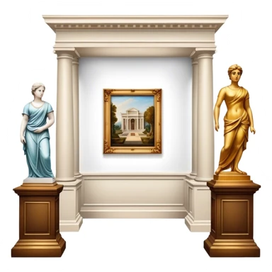 An icon featuring an elegant art gallery with classic paintings hanging on the walls, and sculptures displayed on pedestals. Visitors admire the exhibits, capturing the essence of culture, history, and art. Set against a transparent background. sticker