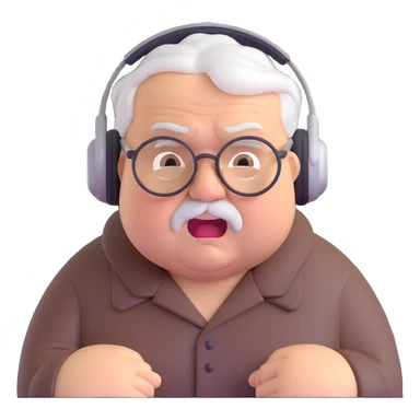 Very chubby brown old man with medium white hair, wearing glasses and headphones, looking surprised and angry, no facial hair, round full cheeks, double chin, looking to the upper left corner sticker