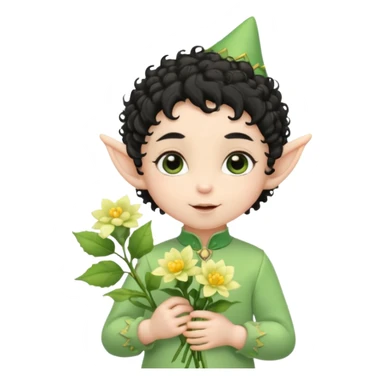 Tiny elf baby black curly hair with pointy ears\, pastel green outfit, hold flowers sticker