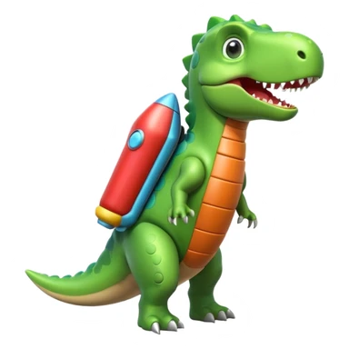 cute toy-like rocket-propelled dinosaur, rounded shapes, glossy texture, colorful rocket backpack, happy expression, 3D cartoon, mobile game icon style, clean background, no text, no watermark
 sticker