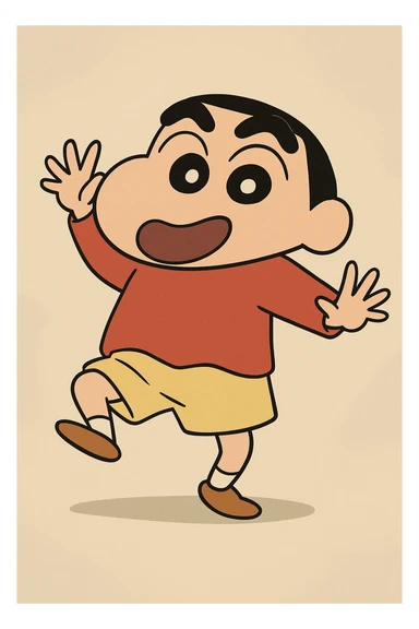 Shin Chan character, playful pose, cartoon style sticker