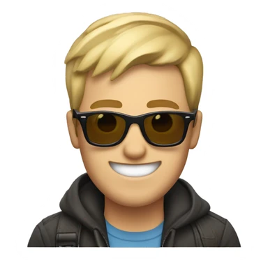 a guy with short blond hair, thick brow, grinning, with rayban wayfarer sticker