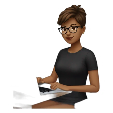 Young woman with short brown hair, slightly tanned, wearing a black tshirt and transparent oval glasses, wearing an Apple Watch and working on a MacBook Pro sticker