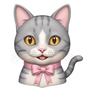 Head of a grey cat, smiling, with a loose ribbon on top of its head sticker