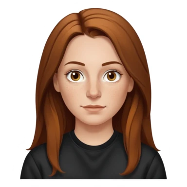 A 38 year old white woman with long brunette hair parted in the middle. She has her nose pierced. Her nose is medium sized. She has brown eyes. She has freckles and is wearing a black sweatshirt sticker