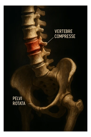 realistic and cinematic anatomical illustration, lateral view showing only compressed vertebrae due to rotated pelvis, clearly highlight compressed vertebrae, detailed anatomy, dramatic clinical lighting, Italian captions, aspect ratio 2:3 sticker