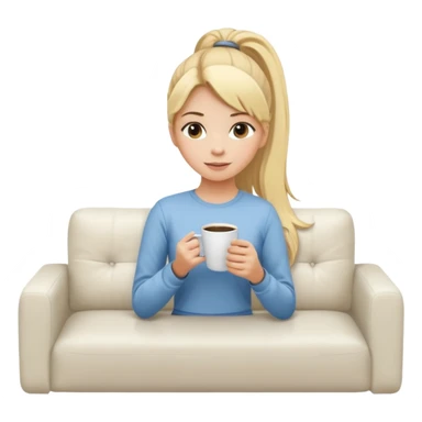 girl with long blonde ponytail relaxing with coffee on white couch sticker