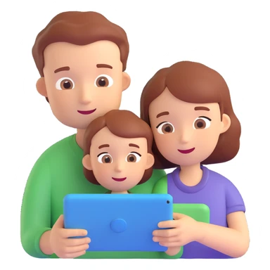 parent and child using a tablet, 3D cartoon style, soft lighting, minimal background sticker