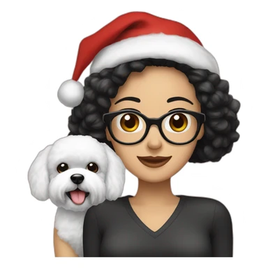 woman-black hair-christmas hat-with glasses-with bichon dog-white-smile sticker