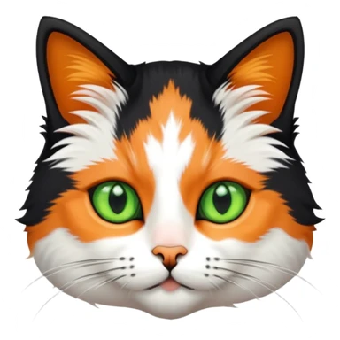 calico cat with black fur on his head, white fur around its mouth area, and a very tiny orange spot between its two green eyes sticker