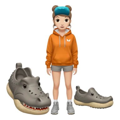 can you make a white girl with brown hair that is in a bun  and brown eyes and a normal white person nose and then she is wearing a grey hoodie mclaran formula 1 and wearing dirty white crocs with taylor swift gibits, 3 on each croc and she has 4 ear peiecings and hoop and stud and black shorts
 sticker