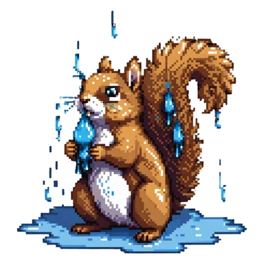 Pixel art squirrel with distinct brown fur, bushy tail, and obvious blue drool dripping from mouth in multiple pixel droplets sticker