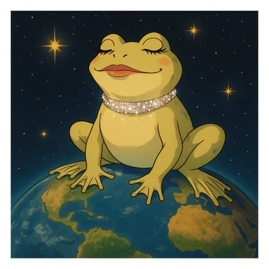 glamorous frog with sparkly choker, ruling the world, ghibli style sticker