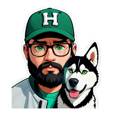 A bold man with a grey baseball cap, green eyes, big beard and glasses next to a husky dog sticker
