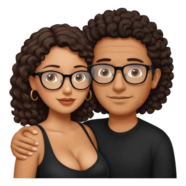 A picture of an embracing tanned couple. the man is a Mexican man with tanned skin, does not have glasses, with a bald hair cut, and wearing a black shirt. the woman is mixed, glasses,  with long curly dark brown hair and with big boobs sticker