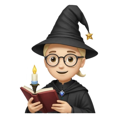 ["A happy boy with light skin, ponytail, wearing a wizard hat and square glasses, dressed in goth fashion, is reading a book while holding a phone."] sticker