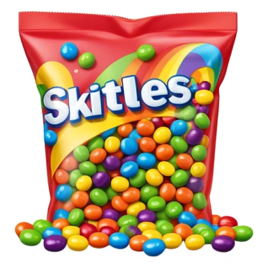 A vibrant rainbow-colored Skittles package with only bright green candies spilling out. The package is very colorful with red, orange, yellow, purple and blue, while all the candies are exclusively green. sticker