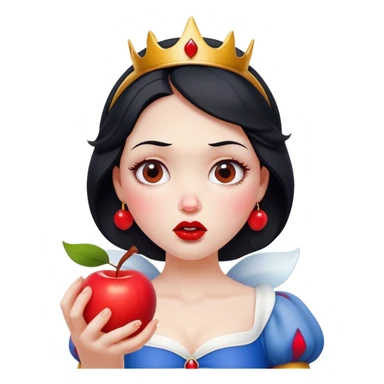 Cinematic Funny Snow White Portrait Emoji, Holding an apple with a suspicious expression, one eyebrow raised, lips pursed as if questioning her life choices, a hilariously relatable fairy tale moment! sticker