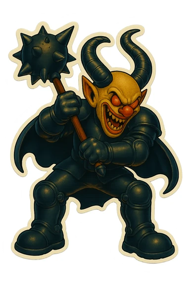 A menacing armored clown with ram horns, holding a mace with an oversized spiked head, wearing a short cape and glossy black on matte black armor, with large but not comically oversized black clown shoes, full body, vibrant retro stickers style, no yellow aged tint, glowing gold-red eyes, transparent background. sticker