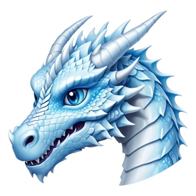 Cinematic Noble Beautiful Ice Dragon Portrait Emoji, Poised and majestic, with an ethereal, crystalline body adorned in intricately detailed scales of frosty blues and silvery whites reminiscent of glacial ice and delicate snowflakes, and piercing, cool eyes reflecting winter’s clarity; rendered with lifelike texture and subtle natural highlights, high shine, elegant and formidable, styled with an aura of chilling mythic beauty, focused and serene, soft glowing outline, capturing the essence of a legendary ice sovereign ready to glide gracefully out of the screen with timeless frosty allure! sticker