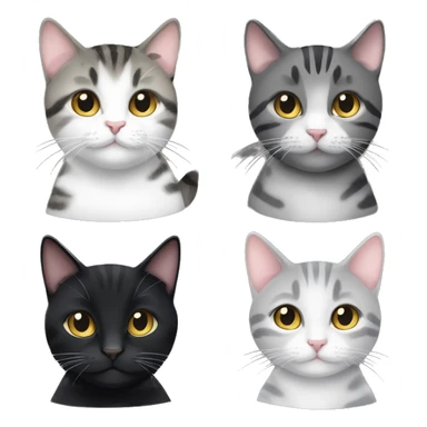 4 cats - 1 small black cat, 1 small black tabby cat, 1 small white and grey tabby cat, and 1 fat black tabby cat sticker