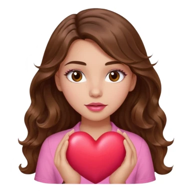girl with long wavy brown hair, brown eyes, light to medium complexion, in a pink shirt, pink lips, long lashes, squeezing a big heart sticker