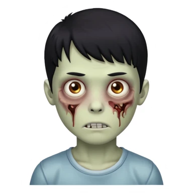Garoto zombie, de cabelo preto, olhos castanhos claros, cabelo um pouco cacheado com franja sticker
