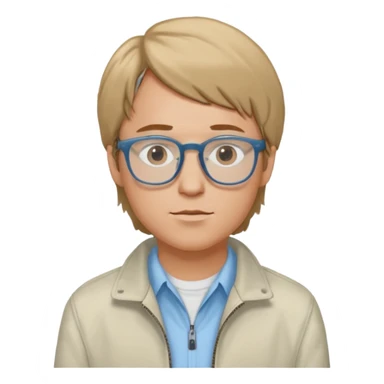 Brian Lackey from Mysterious Skin with brown eyes, dark blonde hair, light blue shirt, ivory jacket, glasses sticker
