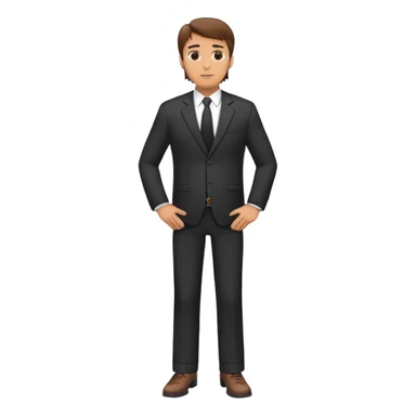 western Caucasian middle aged male, brown hair, standing wearing dark suit and shoes, with hands on hips sticker