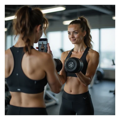 young woman in sportswear in gym, doing dumbbell curls, recording video check with smartphone for coach, bright gym with mirrors, hyperrealistic details, 4K sticker