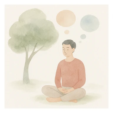 person meditating under a tree with floating thought bubbles in watercolor art style sticker