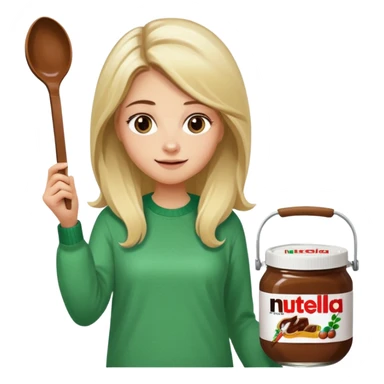 Blond woman with white and green pullover holds in one hand a big carriage of Nutella and in the other hand a oversized spoon which is in the carriage of Nutella. Her hair is long. And the Nutella jar is very big sticker