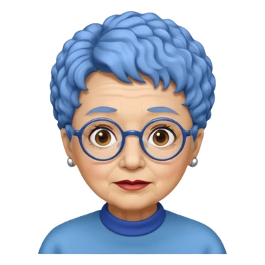 old lady with short, curly blue hair, matching blue eyebrows, light brown skin, round black glasses, and a neutral facial expression. sticker