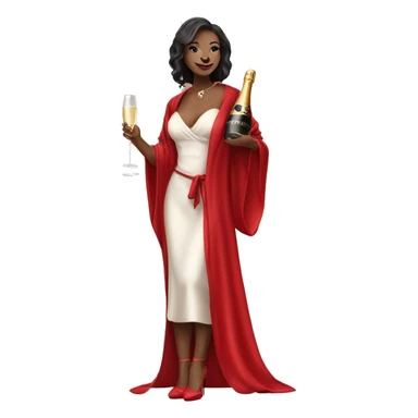 Girl in high heels and red robe posing while holding champagne bottle sticker